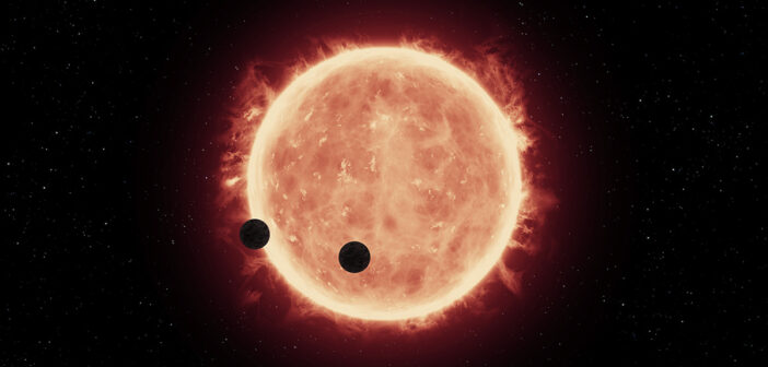 Illustration of Earth-like planets transiting an M-dwarf star