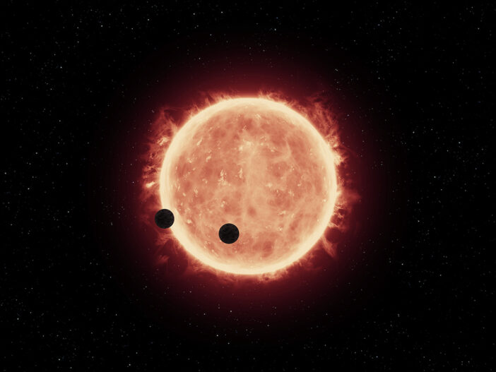 Illustration of Earth-like planets transiting an M-dwarf star