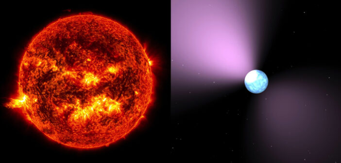 a photograph of the Sun and an illustration of a pulsar