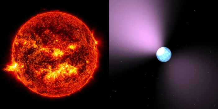 a photograph of the Sun and an illustration of a pulsar