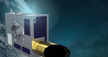 An artist’s rendering of a small satellite in orbit above the earth. A telescope barrel extends from an otherwise uninterrupted rectangular prism.