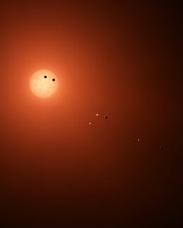 Illustration of TRAPPIST-1 and its seven rocky planets