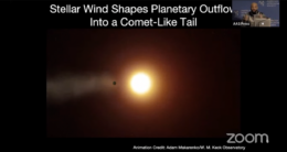 Animation showing what a comet-like exoplanet atmosphere "tail" would look like as it crosses in front of it's host star. The planet appears to be slightly to the left of the star, with a gaseous tail extending out towards the left from it.