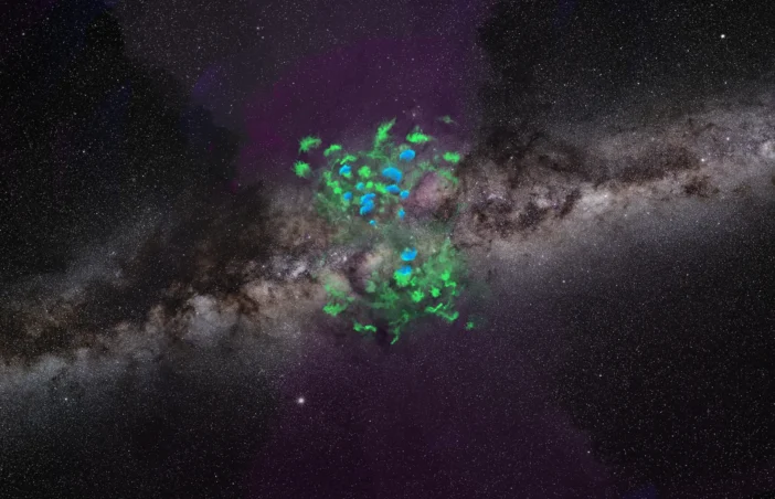Illustration of the cold neutral clouds expelled from the center of the Milky Way by hot winds