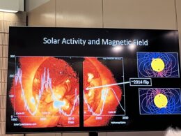 Slide demonstrating how the Sun's activity changes over an 11-year period, and the corresponding magnetic field flip