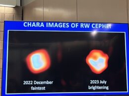 Slide with two images of RW Cephei, one during the star's faint period in December 2022 and one during a brightening period in July 2023. 