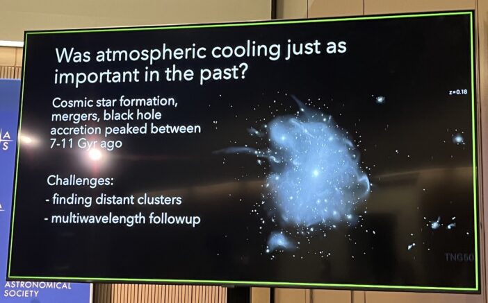 The text reads, "Was atmospheric cooling just as important in the past? Cosmic star formation, mergers, black hole accretion peaked between 7–11 years ago. Challenges: finding distant clusters and multiwavelength followup."