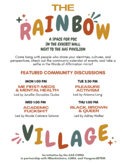 poster detailing the community discussions hosted by the Rainbow Village