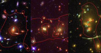 three side-by side images of galaxy clusters and lensed quasar images