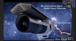 Background image of Spitzer Space Telescope, with an example BD infrared spectrum shown in the bottom right. A characteristic bump in the middle of the spectrum indicates the presence of sandy clouds.