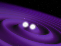 Two white spheres against a black background surrounded. by a purple spiral.