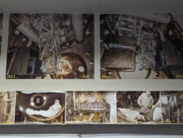 Five printed photographs of technicians in bunny suits interacting with intricate components.