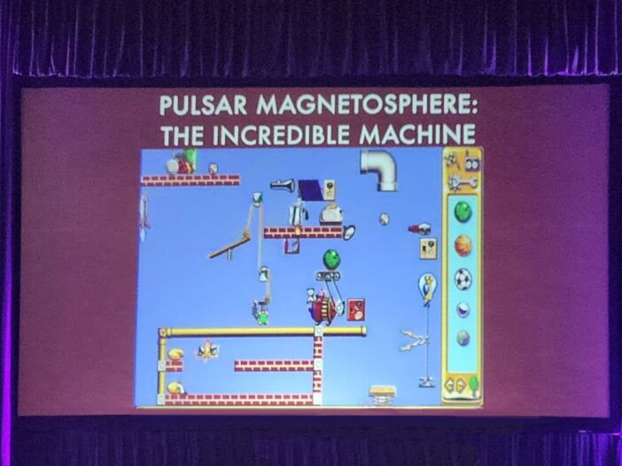 A screenshot from the game The Incredible Machine where players create Rube Goldberg devices. Dr. Spitkovsky used this to explain the convoluted nature of the process of arriving at solutions for astrophysical plasma physics