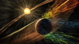 illustration of Mars losing ions from its atmosphere during a solar storm