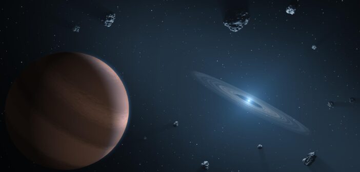 illustration of an exoplanet around a white dwarf with a debris disk
