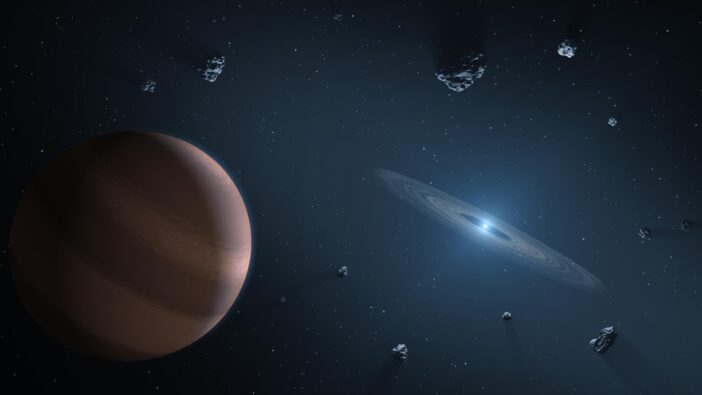 illustration of an exoplanet around a white dwarf with a debris disk