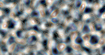 map of matter in the universe, showing matter concentrations derived from measurements of the cosmic microwave background in grayscale and measurements of dusty galaxies in blue and orange contours