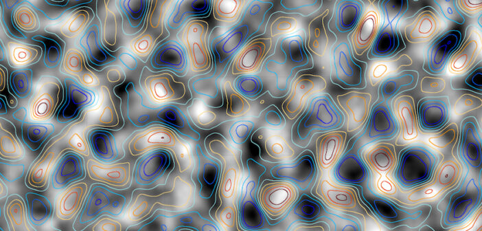 map of matter in the universe, showing matter concentrations derived from measurements of the cosmic microwave background in grayscale and measurements of dusty galaxies in blue and orange contours