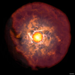 illustration of a red supergiant star surrounded by thick circumstellar material