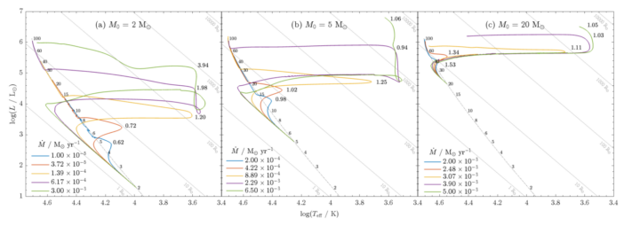 HR diagrams showing the evolution of the accreting star during mass transfe