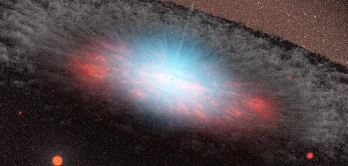 Illustration of a dusty accretion disk surrounding the supermassive black hole at the center of a galaxy