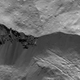 aerial view of a crater wall on Ceres