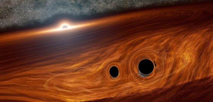 Illustration of stellar-mass black holes embedded within the accretion disk of a supermassive black hole