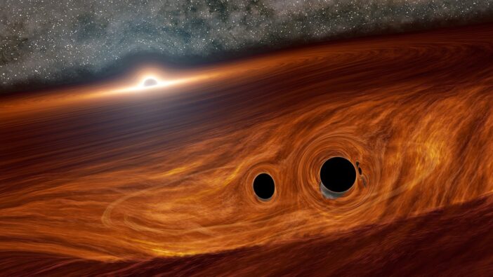 Illustration of stellar-mass black holes embedded within the accretion disk of a supermassive black hole