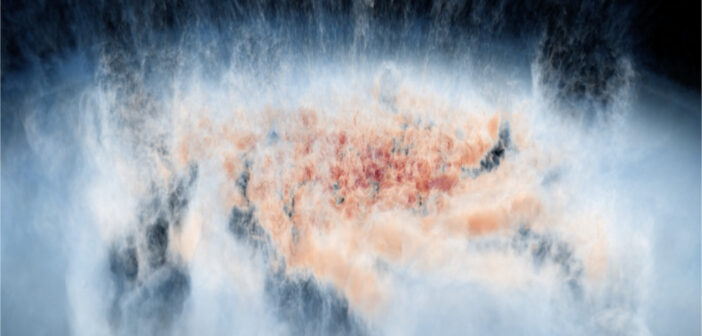 snapshot of a simulation of gas outflows from the plane of a galaxy