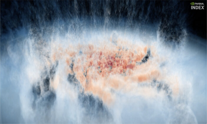 snapshot of a simulation of gas outflows from the plane of a galaxy