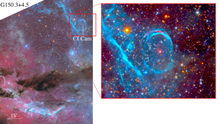 Zoomed out and detailed views of the newly discovered emission shell