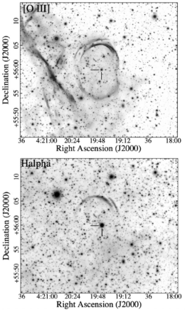 Two grayscale views of the shell in O III and H alpha filters