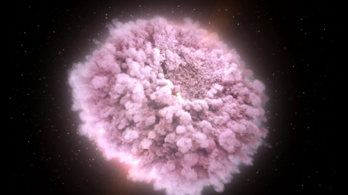 Illustration of ejecta from the collision of two neutron stars