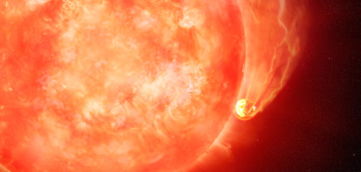 An illustration of an exoplanet being engulfed by its home star, as 8 UMi b somehow has not been