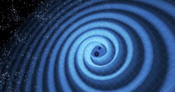 Illustration of gravitational waves emanating from a pair of black holes approaching a merger