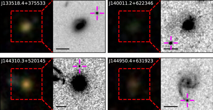 Figure 1: The Sloan Digital Sky Survey images (left) and Hubble images of the hyper-luminous X-ray source candidates (highlighted by the magenta pointers). Each candidate lies outside/on the edge of a larger galaxy in the center of each Hubble image. [Adapted from Barrows et al. 2024]