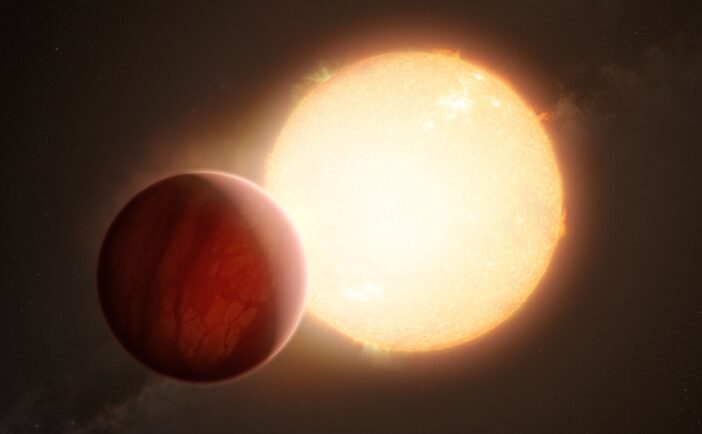 illustration of a hot Jupiter exoplanet orbiting close to its host star