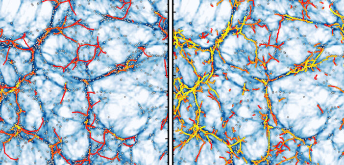 two images showing the results of cosmic web finding algorithms