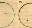 two simple line drawings of the sun with sunspots