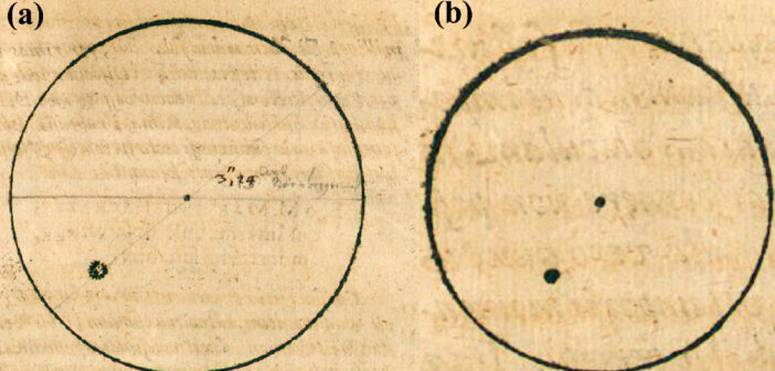 two simple line drawings of the sun with sunspots