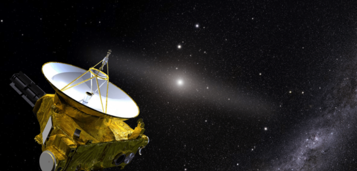 A computer rendering of a spacecraft with a large radio dish against a black background studded with stars.