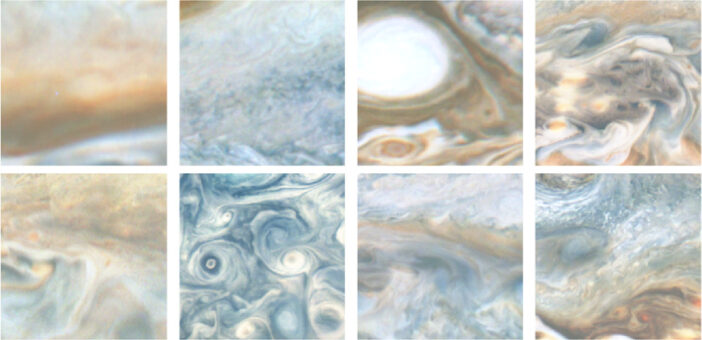 eight images of swirling clouds on Jupiter