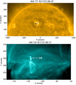 extreme-ultraviolet images of the Sun, showing the location of a solar current sheet