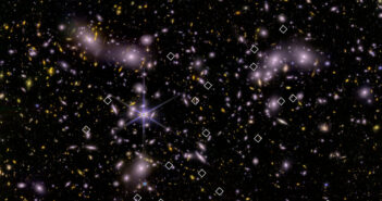 Composite Webb NIRCam image of galaxy cluster Abell 2744, showing the locations of young starburst galaxies.