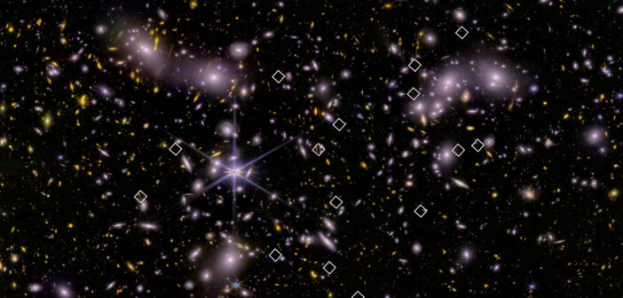 Composite Webb NIRCam image of galaxy cluster Abell 2744, showing the locations of young starburst galaxies.