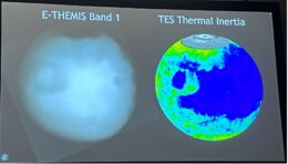 This shows thermal images of the surface of mars. The one on the left is a black and white image showing the data taken from the instrument on Europa Clipper. On the right is a detailed and color image taken by a different, more sensitive image.