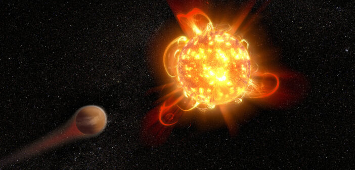 Illustration of a planet around a red dwarf star