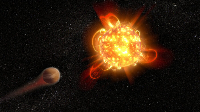 Illustration of a planet around a red dwarf star