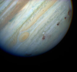 Hubble image of the spots where the fragments of comet Shoemaker–Levy 9 impacted Jupiter