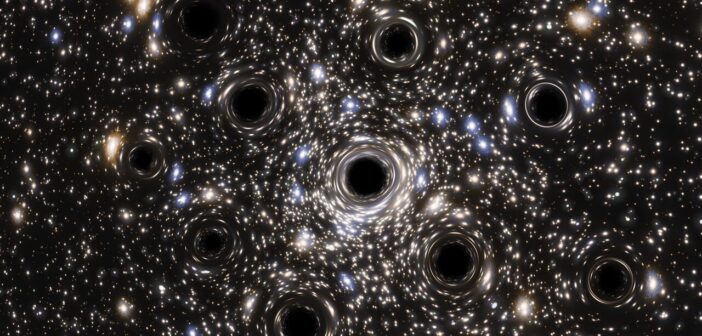 Artist's impression of a group of black holes in a globular cluster